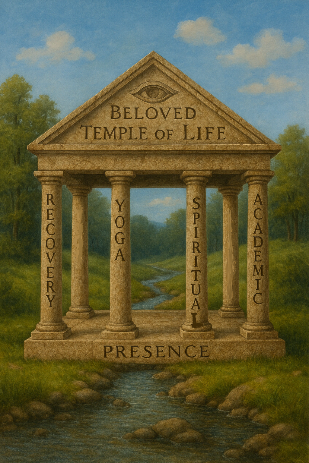 Beloved Temple of Life by the stream β four pillars rising from a stone foundation with an engraved roof.